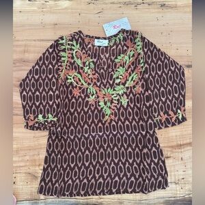 Raj Brown and White Embellished Tunic with 3/4 Sleeves